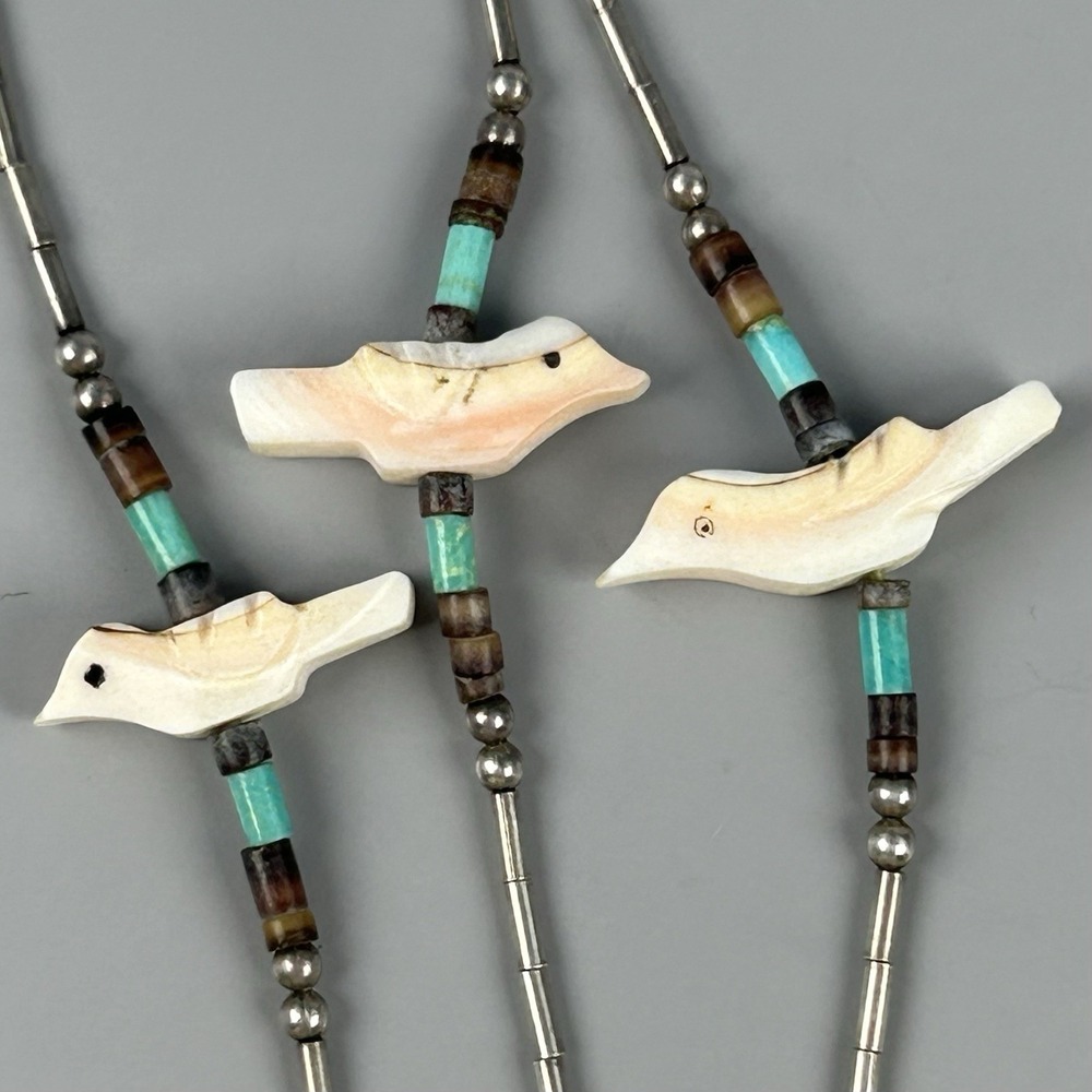 Southwestern Bird Fetish Necklace Turquoise Heishi Liquid Silver 3 Strand 26"